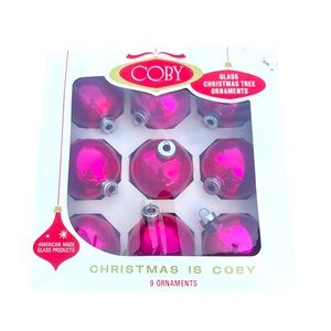 Vintage Coby American Made Glass Christmas Ornaments/Balls (9) Pink Color Box